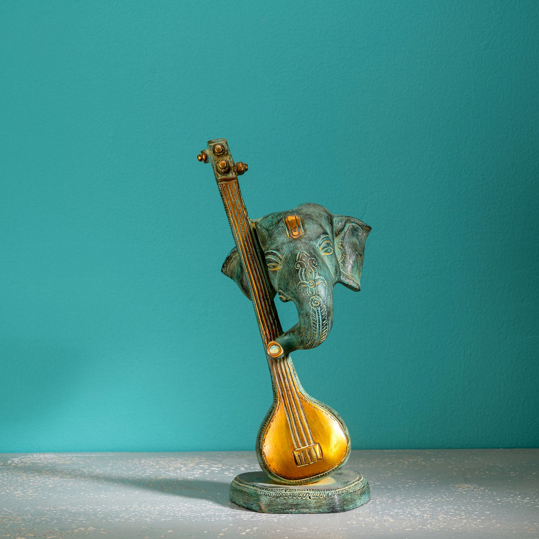 Verdigris Brass Musical Elephant Sculpture: The Surreal Symphony