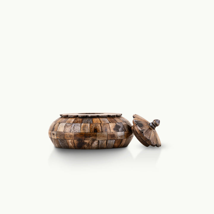 Natural Bone Mosaic Box layered with earthen tilework for a bedside table.