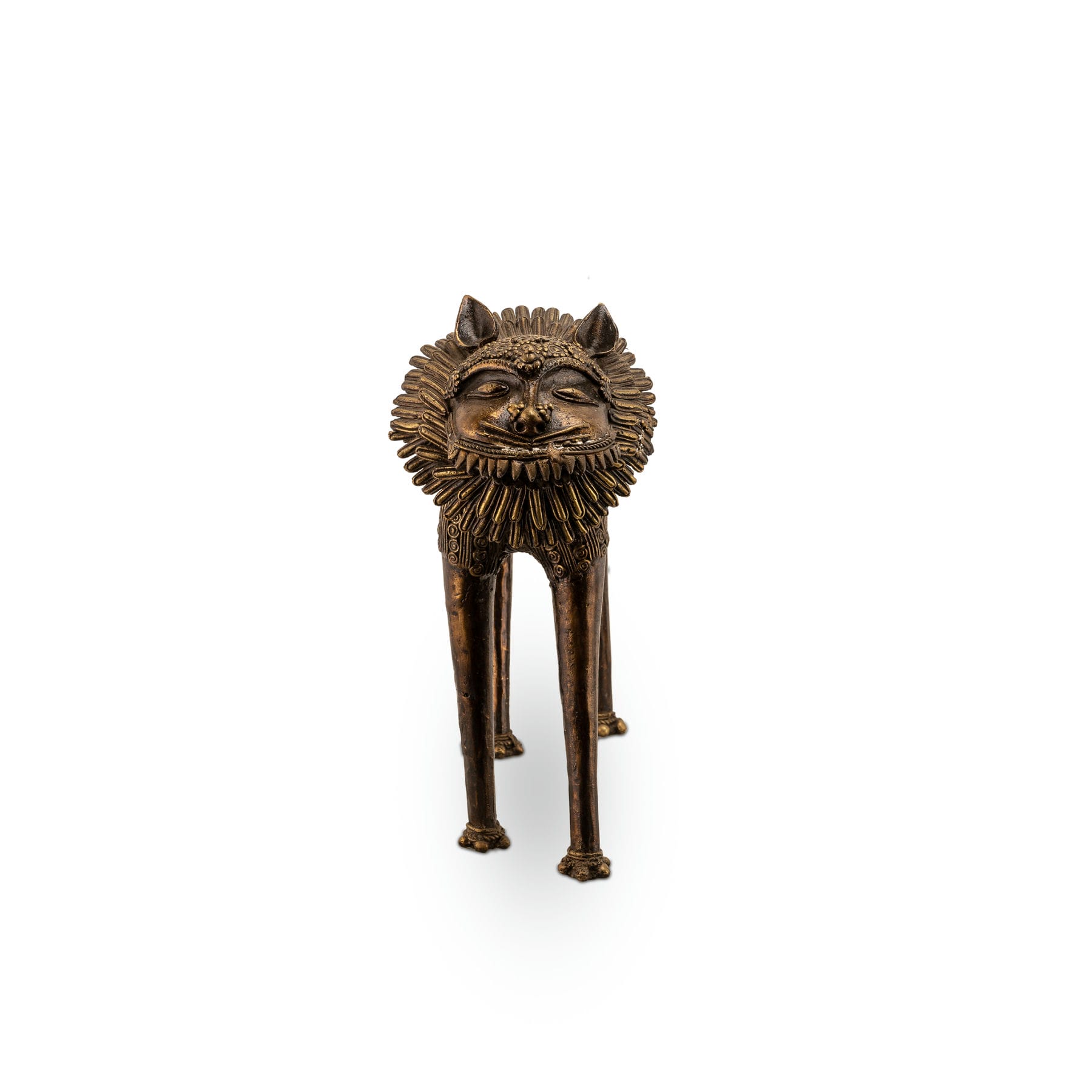 Dhokra style bronze feline featuring a wire-like mane and tribal geometry for a wide mantelpiece or rustic home styling.