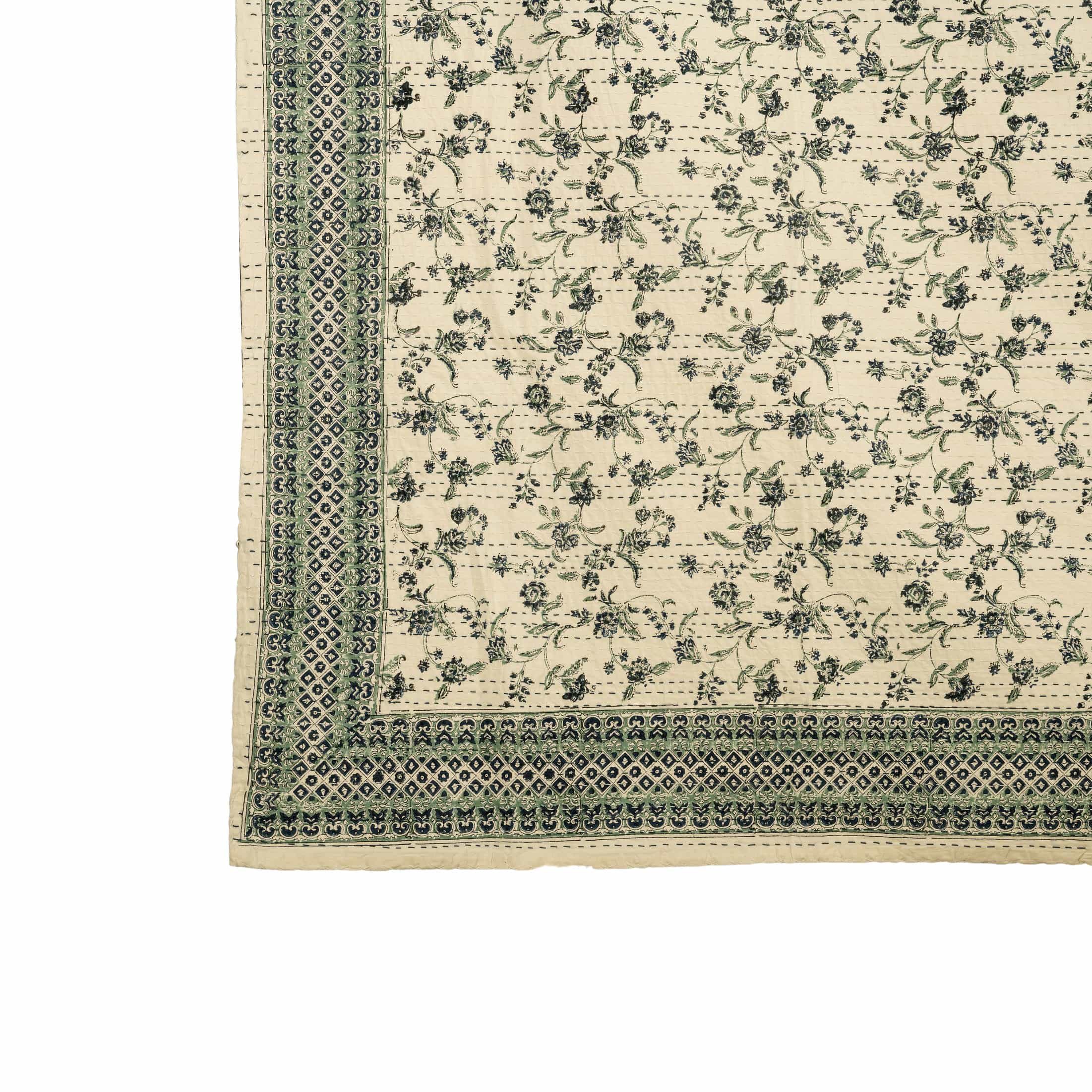Indigo Floral Hand-Quilted Bedspread