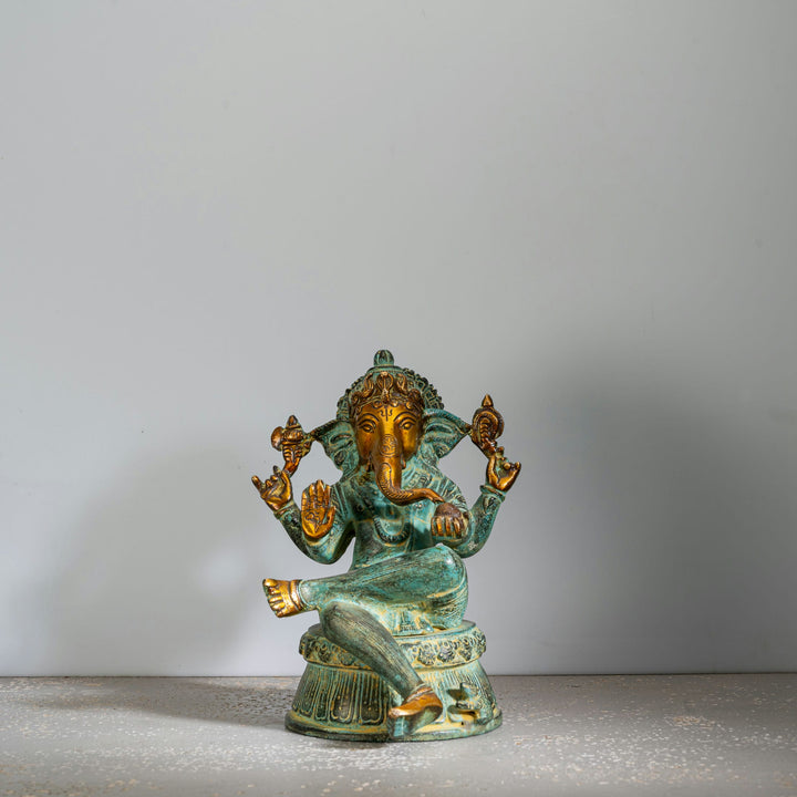 Verdigris Brass Seated Ganesha Statue: The Emerald Sovereign