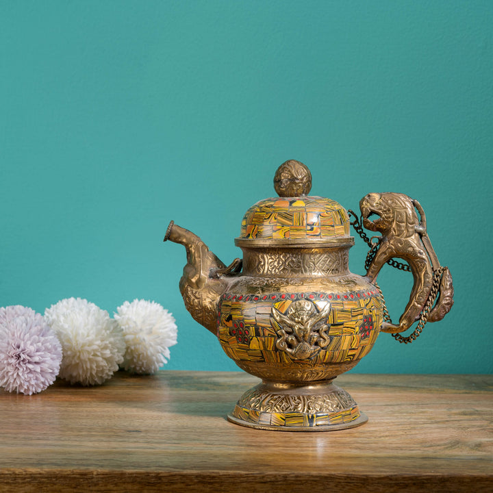 Brass & Inlay Composite Ornate Ceremonial Teapot with Lion Handle
