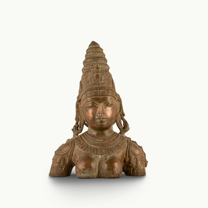 Antique Brass Devi Bust commanding attention with its muted aesthetic on a design-led bookshelf. 
