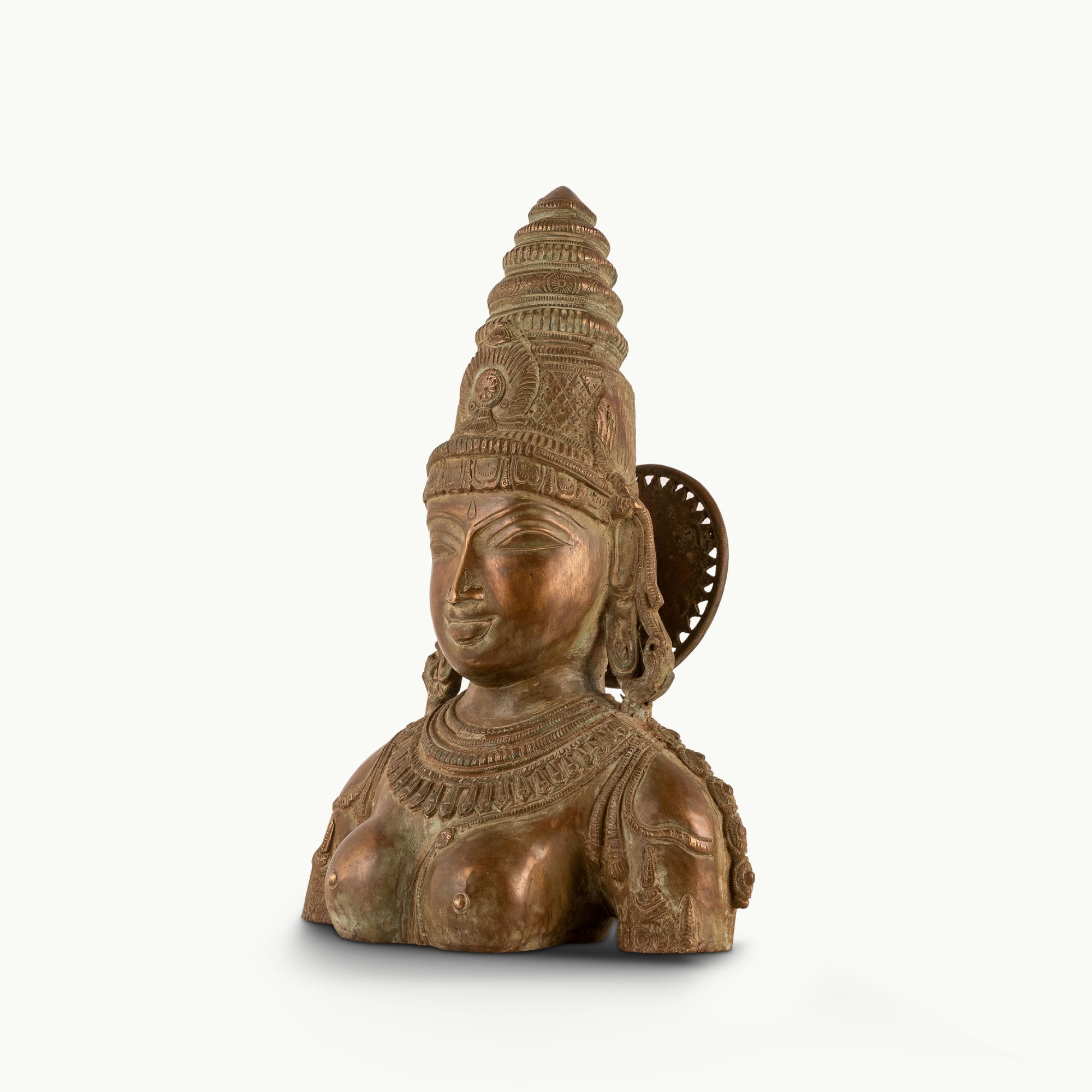 Antique Brass Devi Bust commanding attention with its muted aesthetic on a design-led bookshelf. 