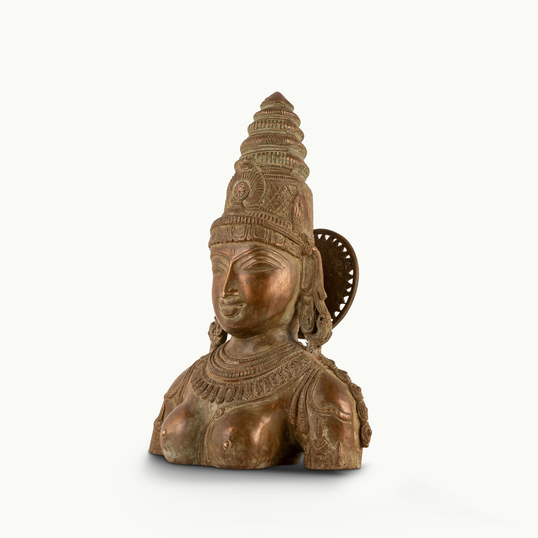 Antique Brass Devi Bust commanding attention with its muted aesthetic on a design-led bookshelf. 