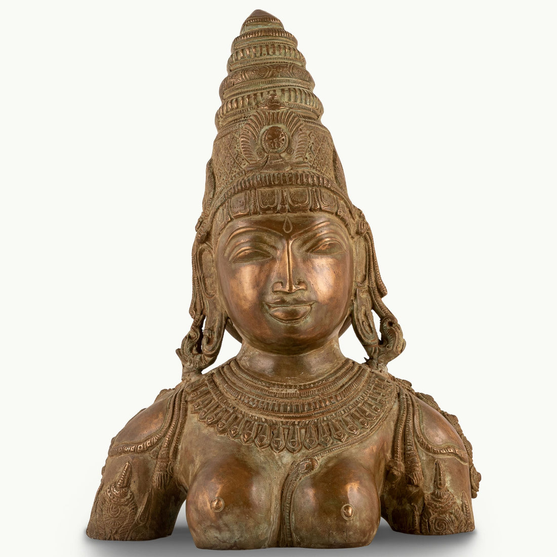 Antique Brass Devi Bust commanding attention with its muted aesthetic on a design-led bookshelf. 