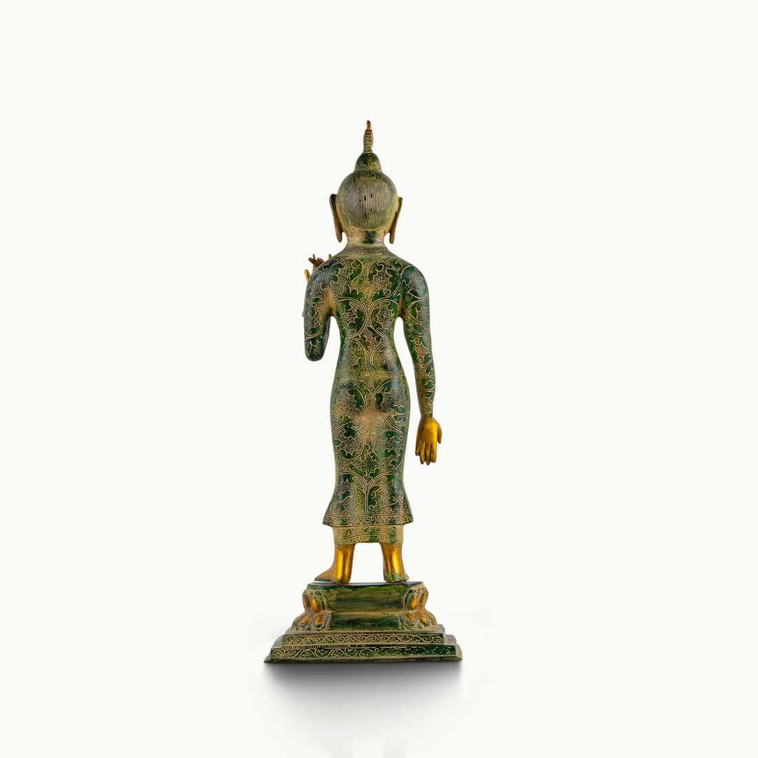 Tall standing dual-tone brass Buddha statue featuring a green engraved robe and polished gold face.