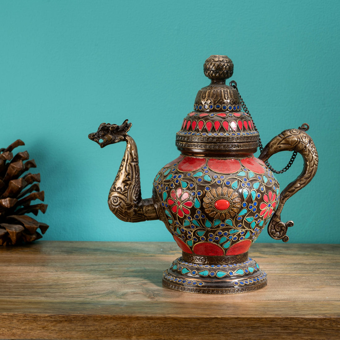 Stone Inlay Brass Dragon Teapot: The Himalayan Mosaic