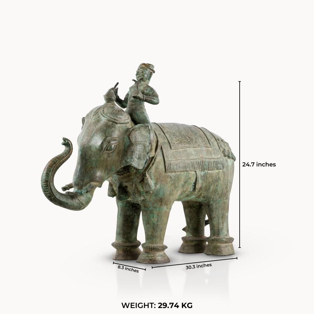 Antiqued Brass Elephant Rider Sculpture: The Emerald Mahout
