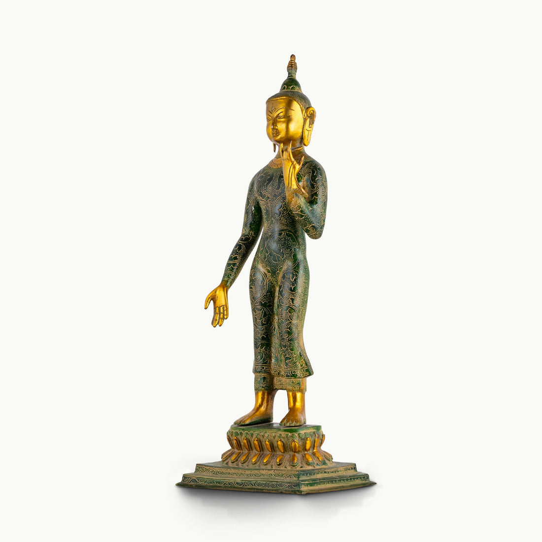 Tall standing dual-tone brass Buddha statue featuring a green engraved robe and polished gold face.