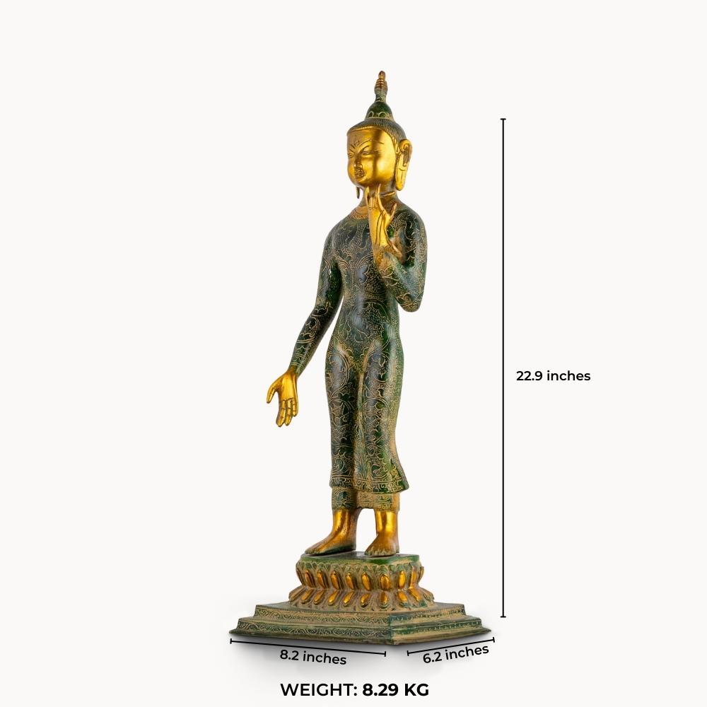 Tall standing dual-tone brass Buddha statue featuring a green engraved robe and polished gold face.