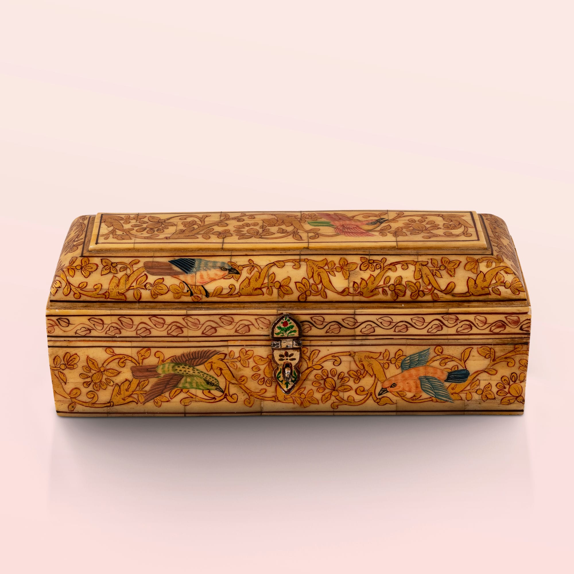 Oblong Carved and Painted Bird and Floral Box