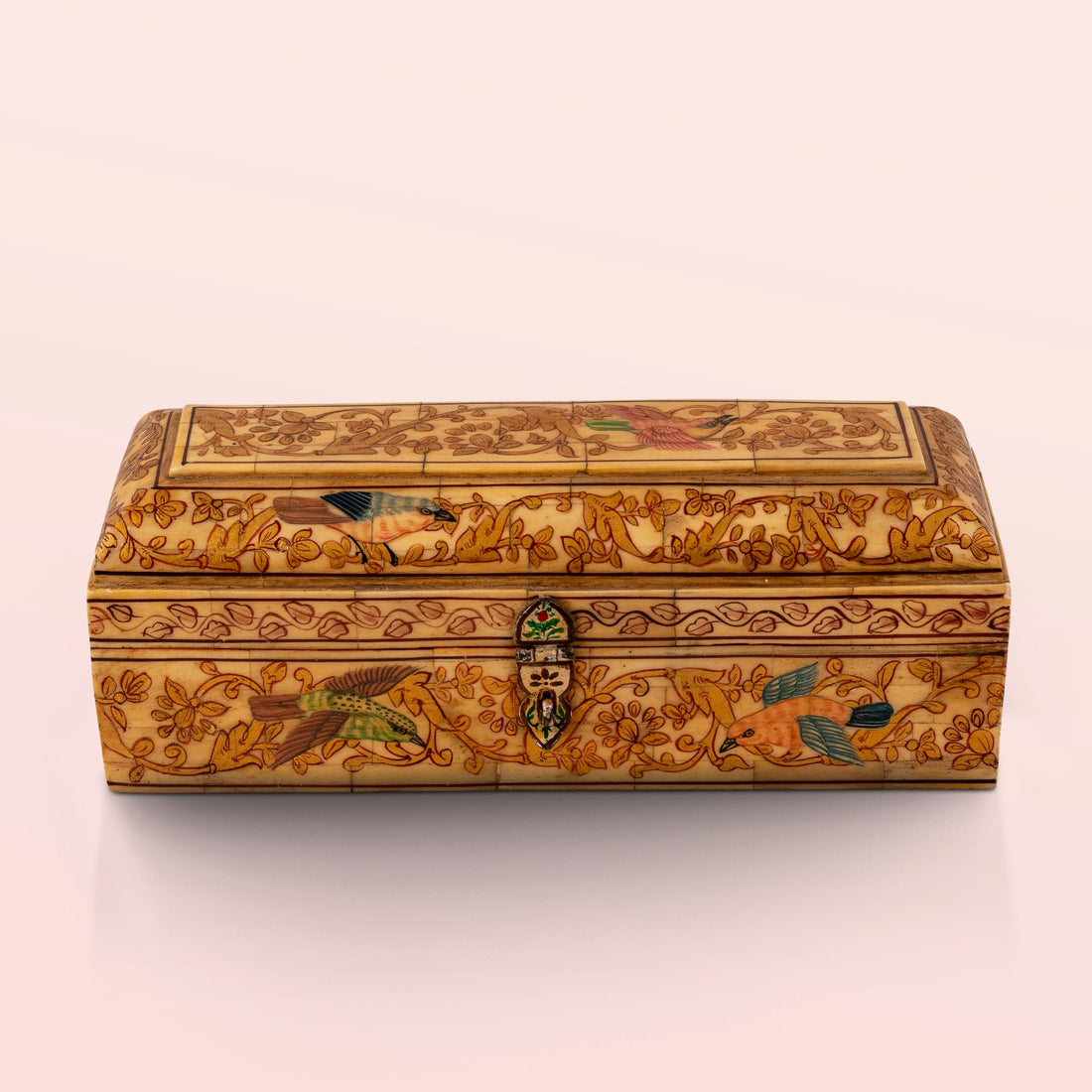 Oblong Carved and Painted Bird and Floral Box