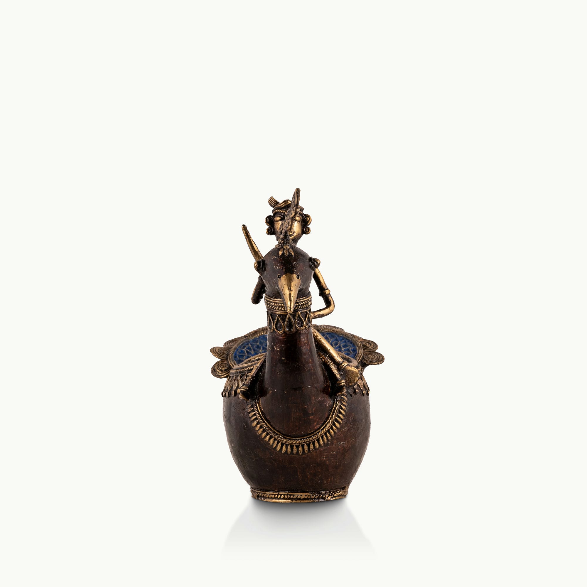 Dhokra Brass Bird Rider Vessel with a blue basin 