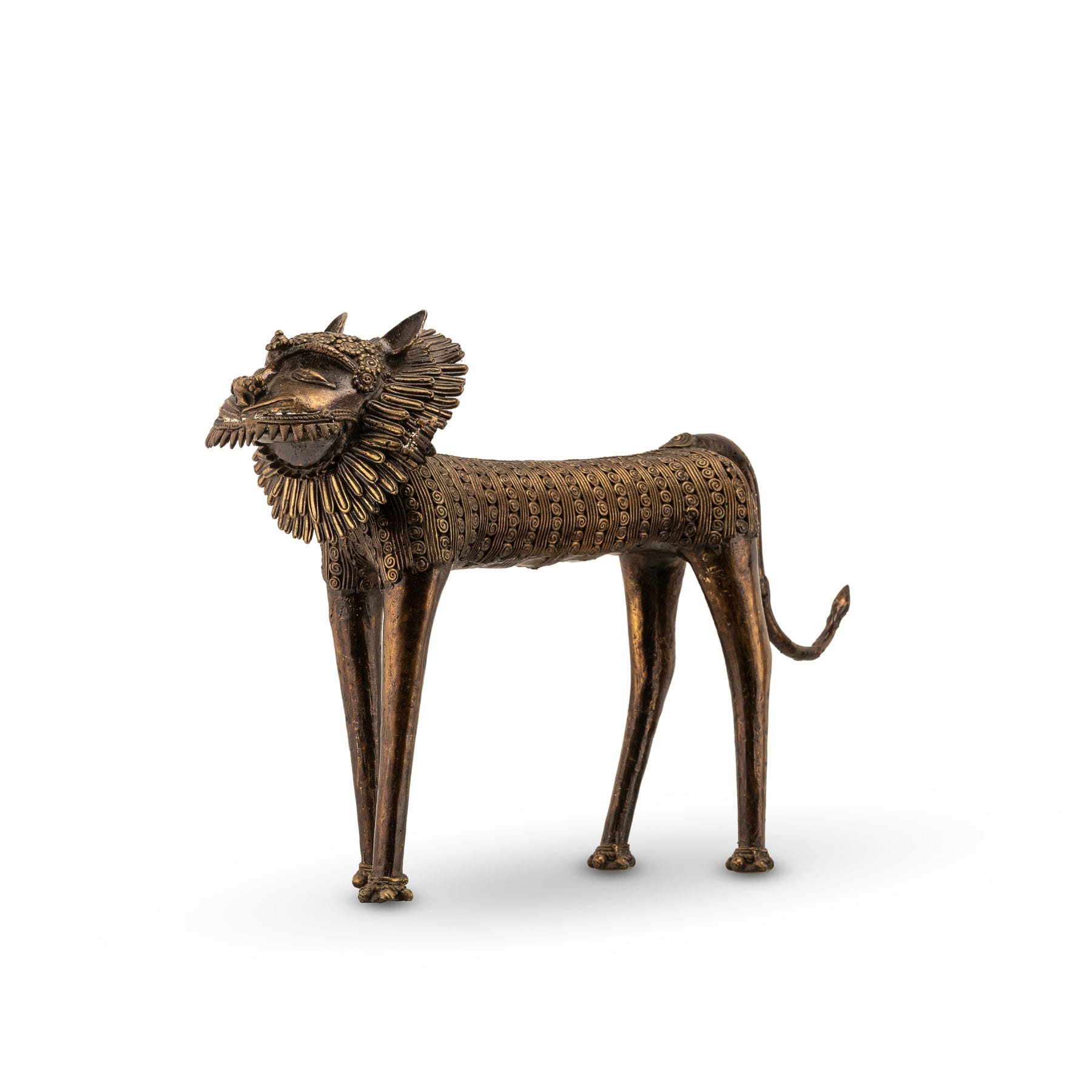 Brass Stylized Lion Sculpture with elongated legs spanning across a wide mantelpiece. 