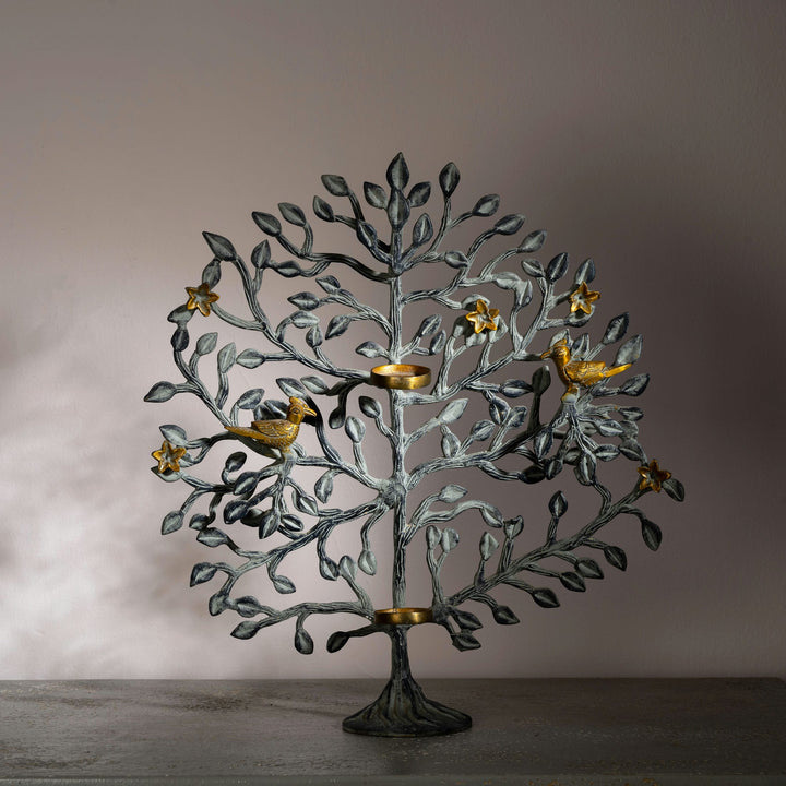Dual-Tone Brass Tree Tealight Holder: The Midnight Canopy