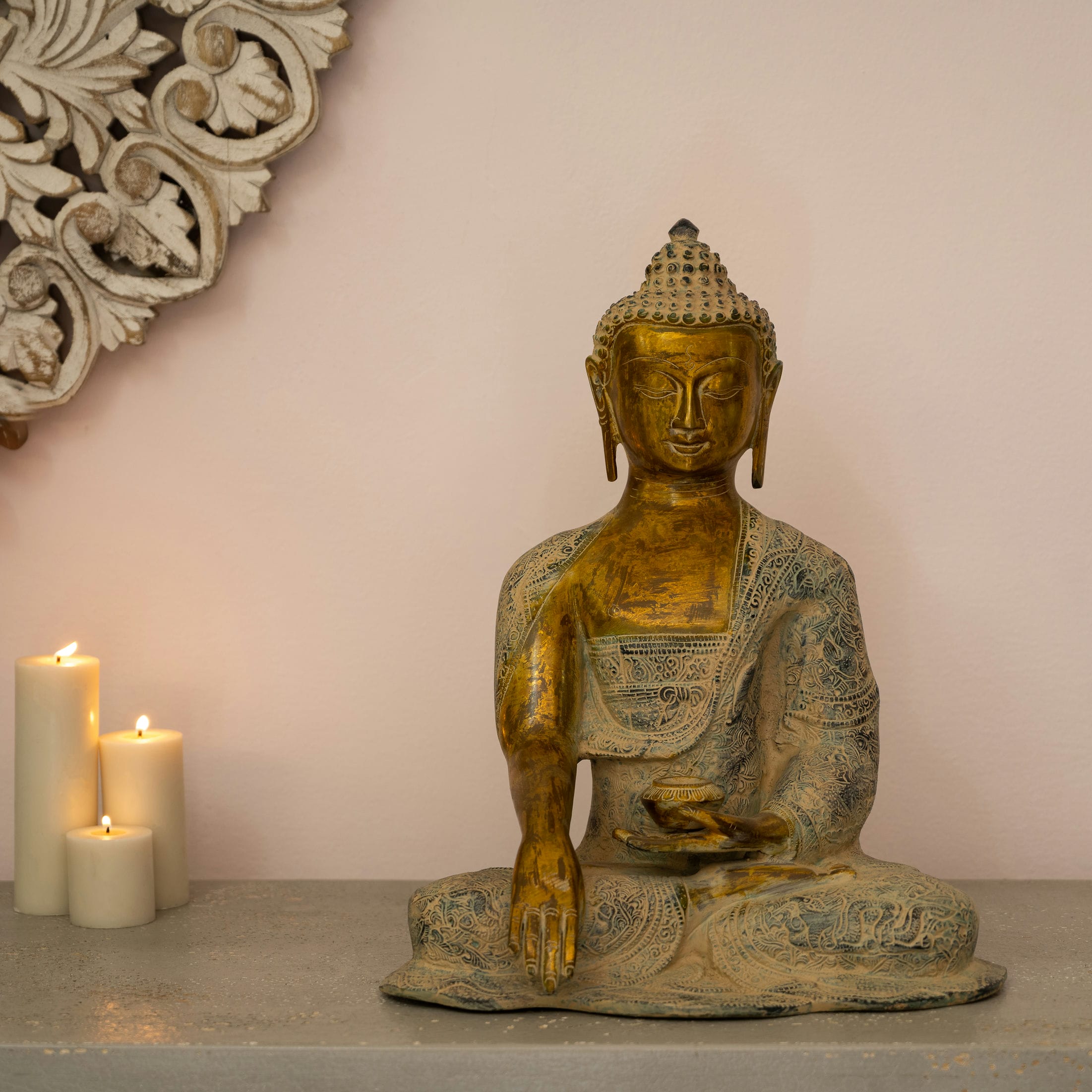 Patterned Brass Bhumisparsha Buddha Statue: The Floral Witness