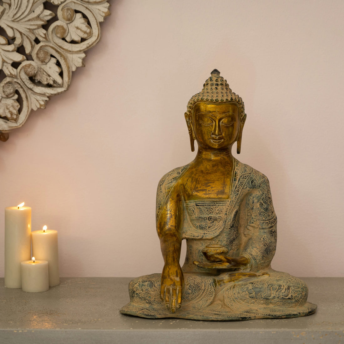 Patterned Brass Bhumisparsha Buddha Statue: The Floral Witness