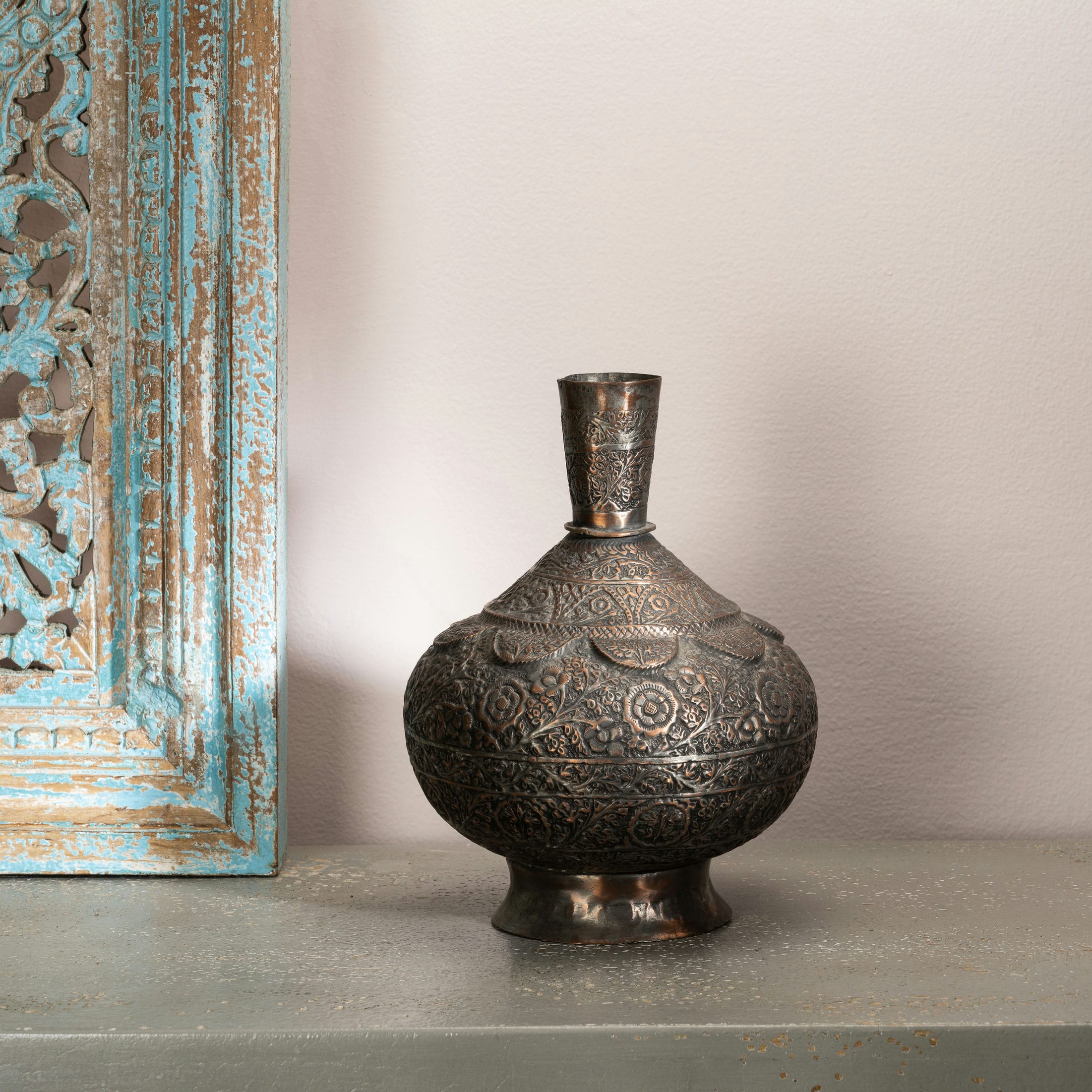 Engraved Copper Surahi Vase: The Botanical Decanter