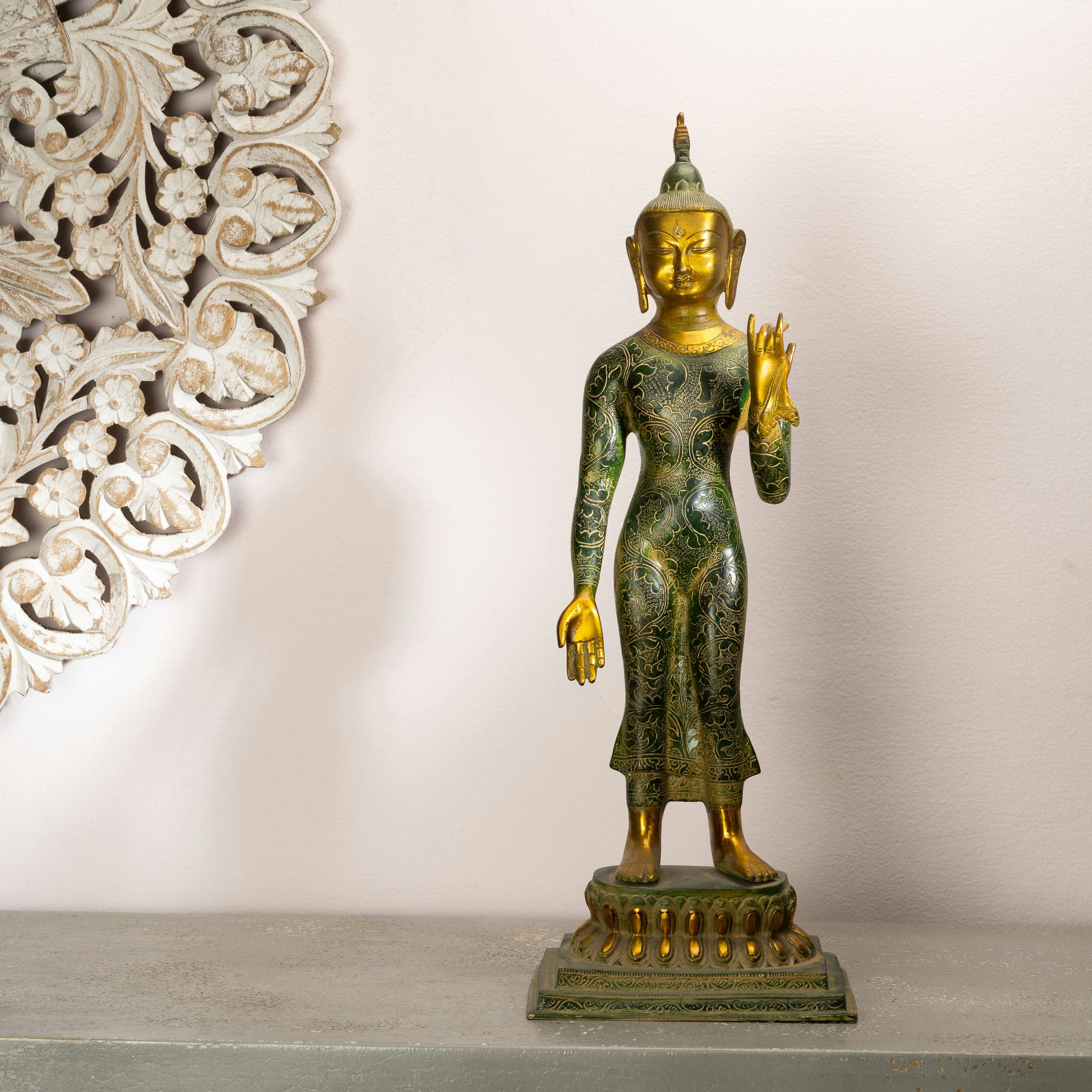 Standing Dual-Tone Brass Buddha Statue: The Emerald Ascetic