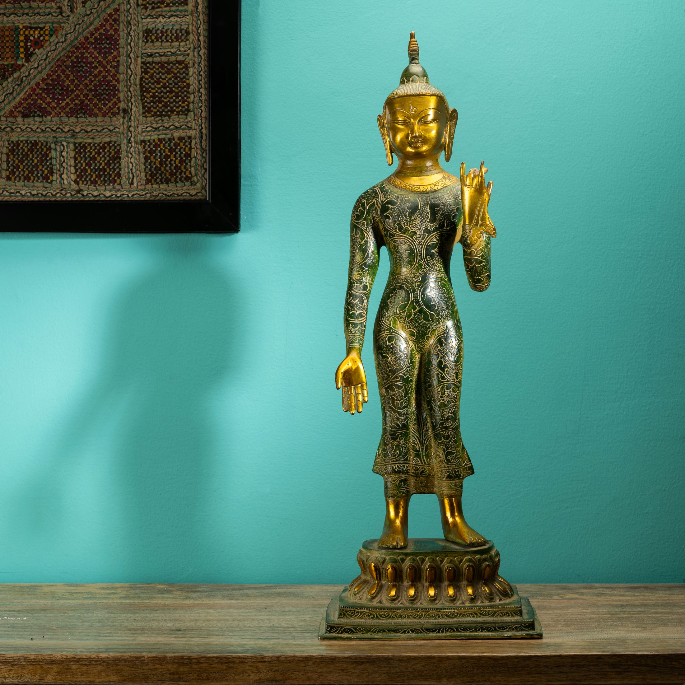 Standing Dual-Tone Brass Buddha Statue: The Emerald Ascetic