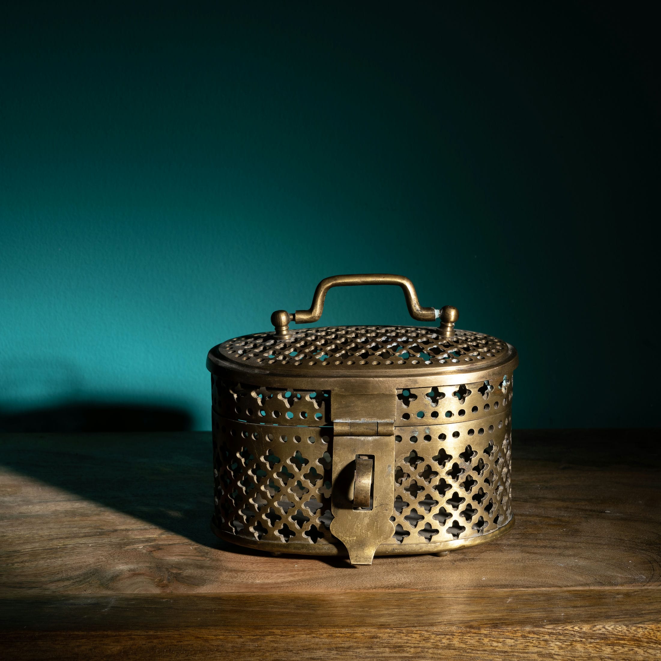 Antique Brass Pierced Oval Box: The Lattice Keeper