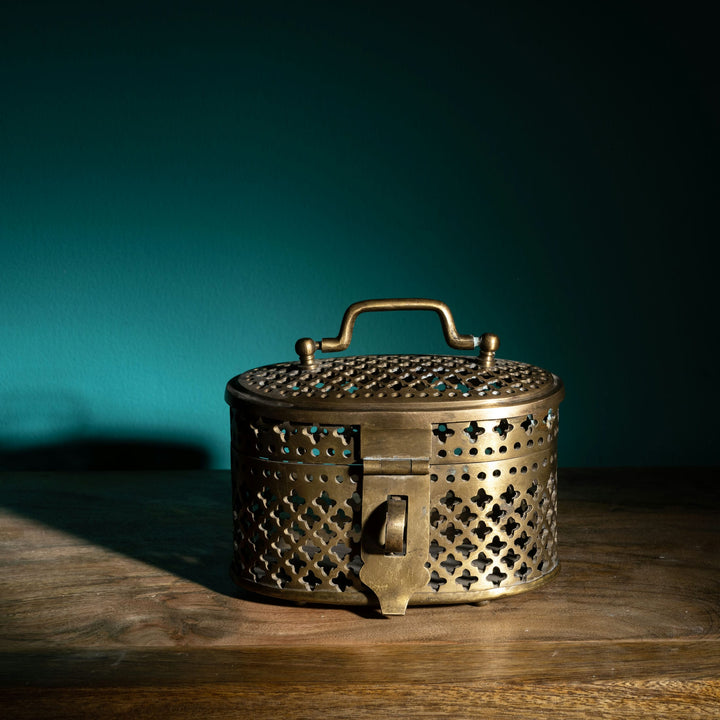Antique Brass Pierced Oval Box: The Lattice Keeper