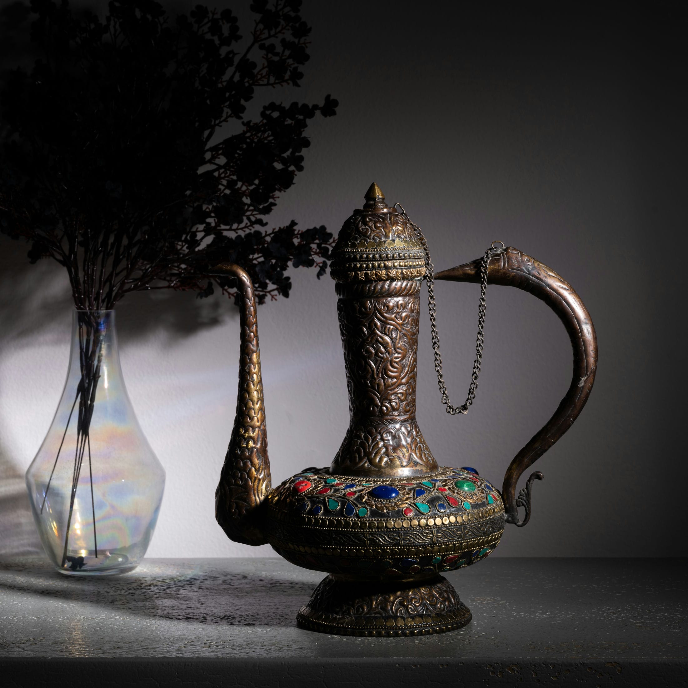 Stone Inlay Antique Brass Ewer: The Royal Aftaba