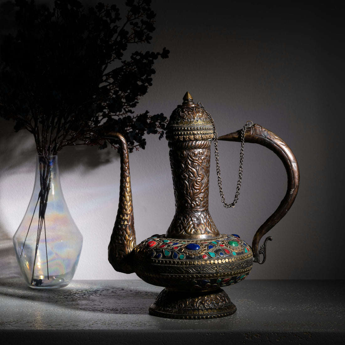 Stone Inlay Antique Brass Ewer: The Royal Aftaba
