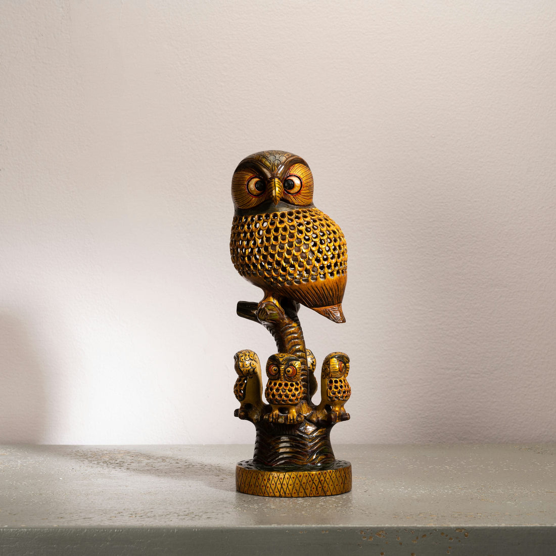 Wooden hand painted owl with family