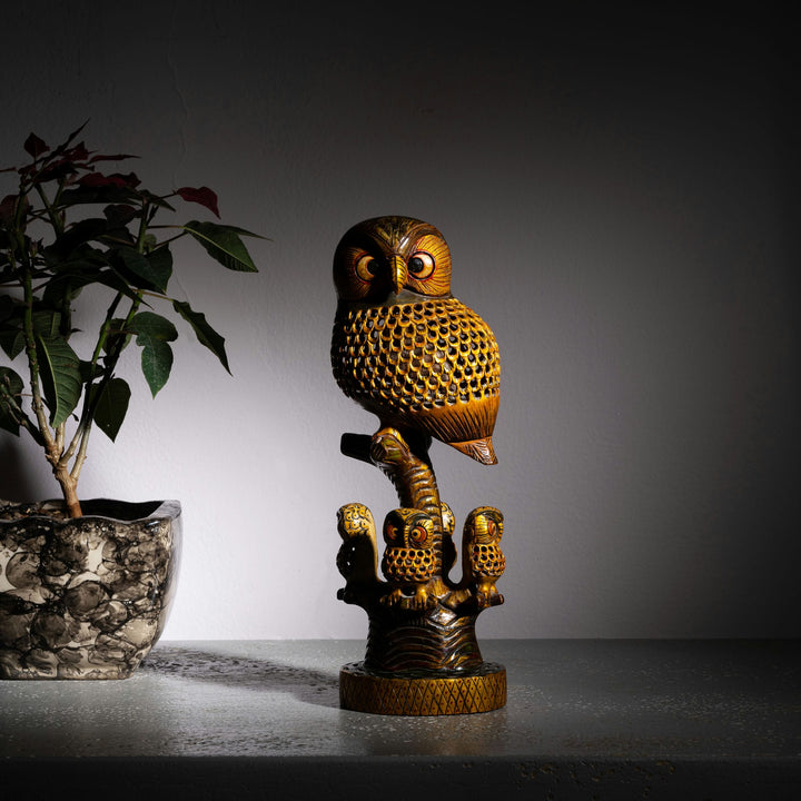 Wooden hand painted owl with family