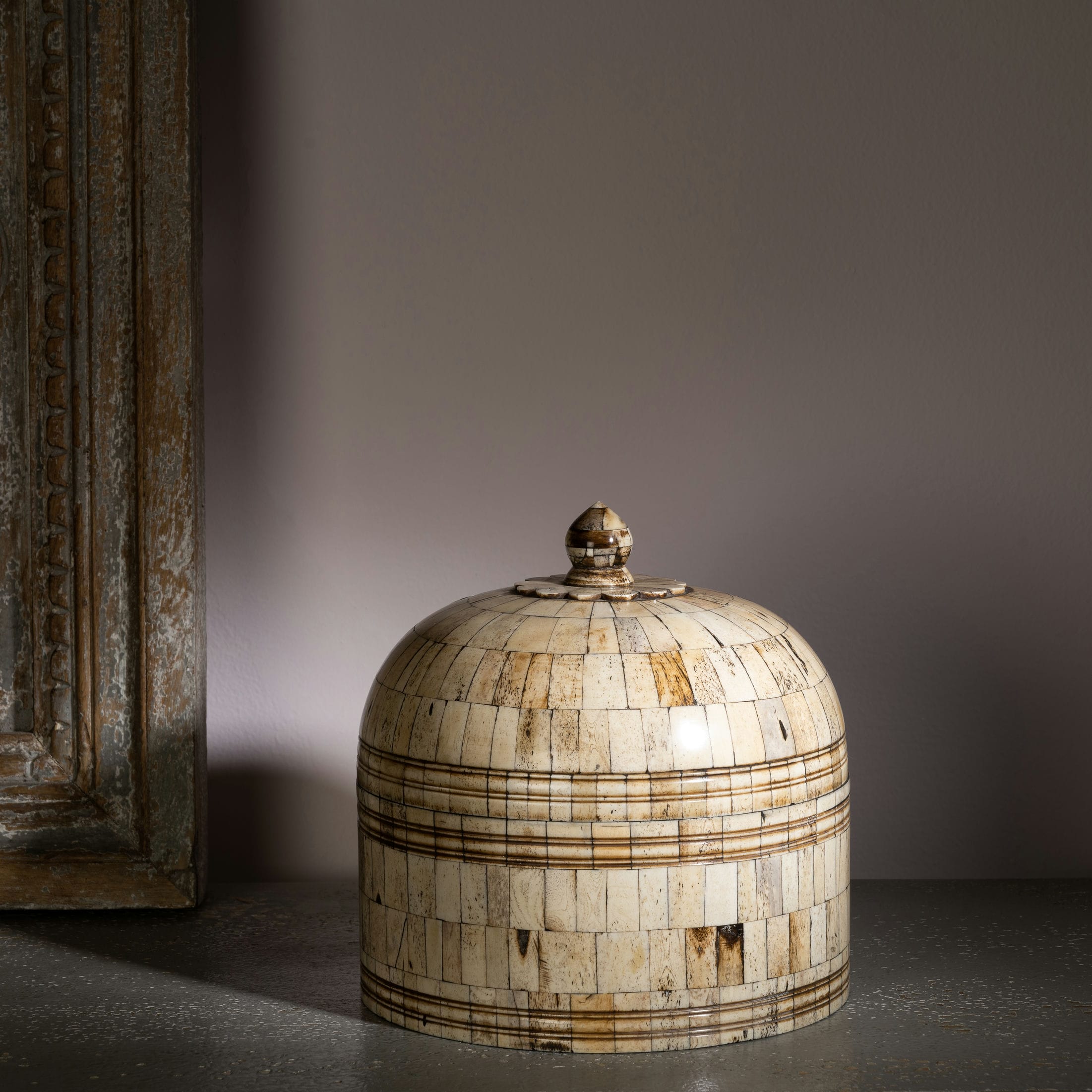 Natural Bone Inlay Round Box structured with horizontal banding for a walnut sideboard.