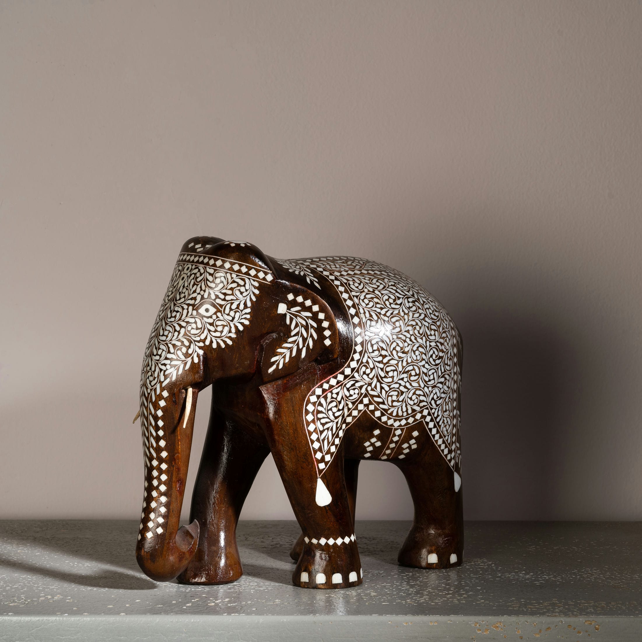 Dark Wood & Bone/Resin Inlay Elephant with Ceremonial Blanket Pattern
