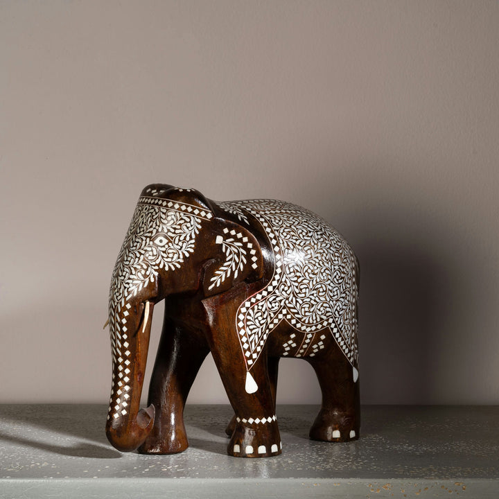 Dark Wood & Bone/Resin Inlay Elephant with Ceremonial Blanket Pattern