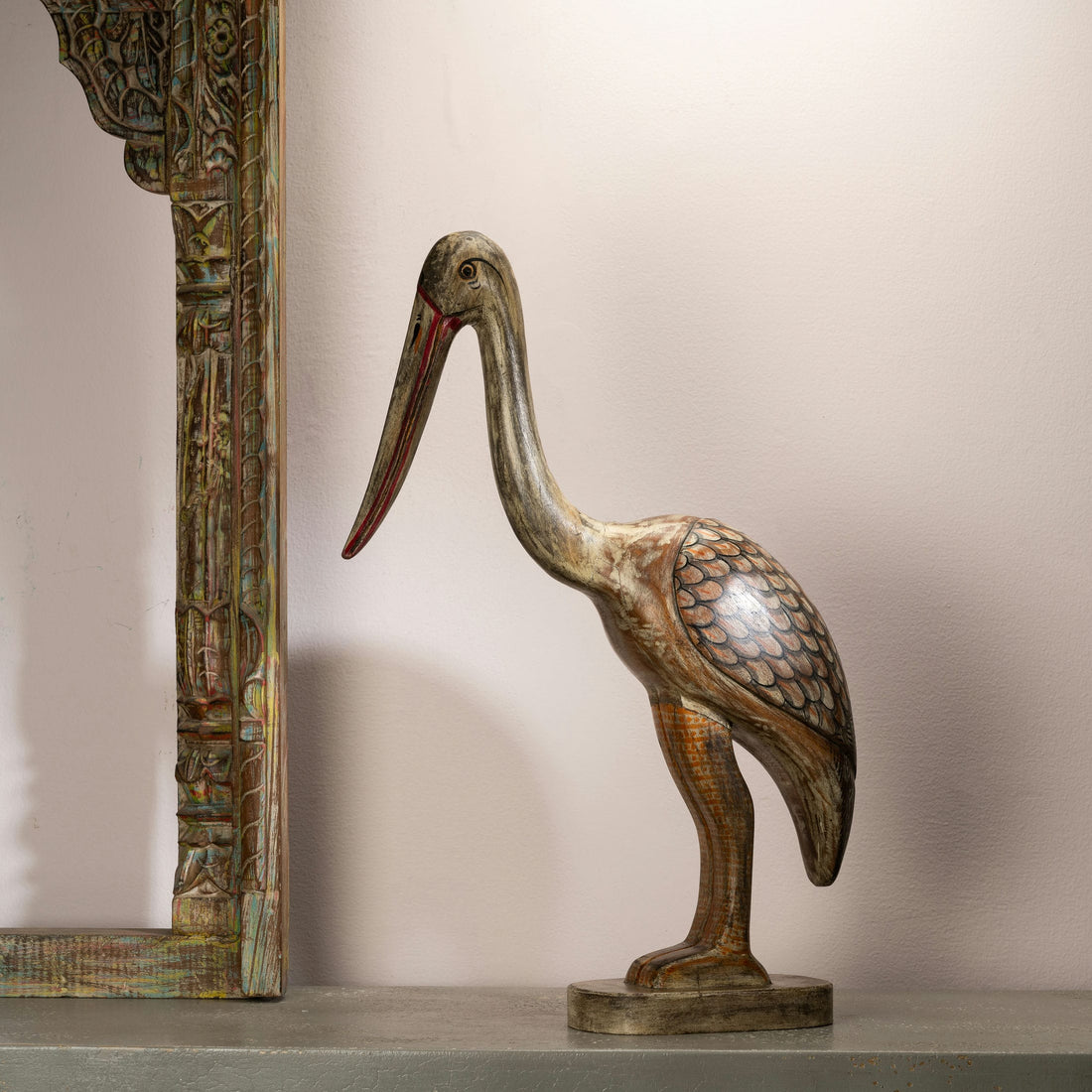 Hand-Carved Wooden Bird Statue | Distressed Antique Finish | Rajasthani Indian Folk Art | Rustic Home Decor