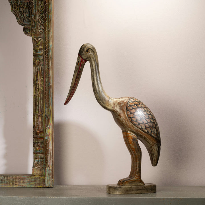 Hand-Carved Wooden Bird Statue | Distressed Antique Finish | Rajasthani Indian Folk Art | Rustic Home Decor