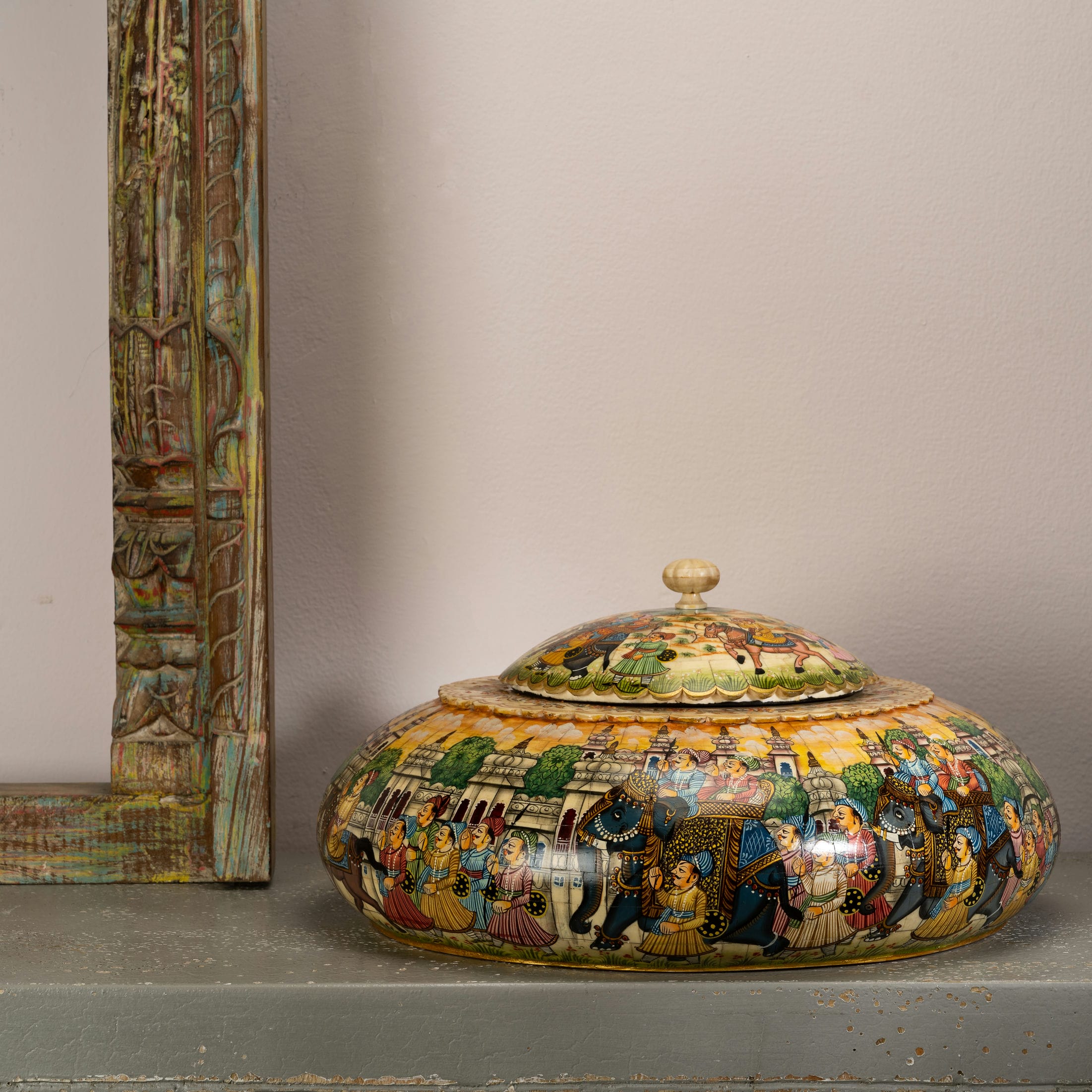 Round Painted Bone Golden March Box: The Golden Procession