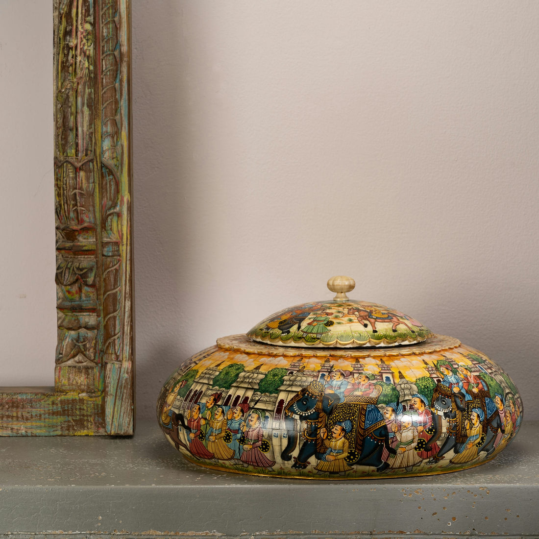 Round Painted Bone Golden March Box: The Golden Procession