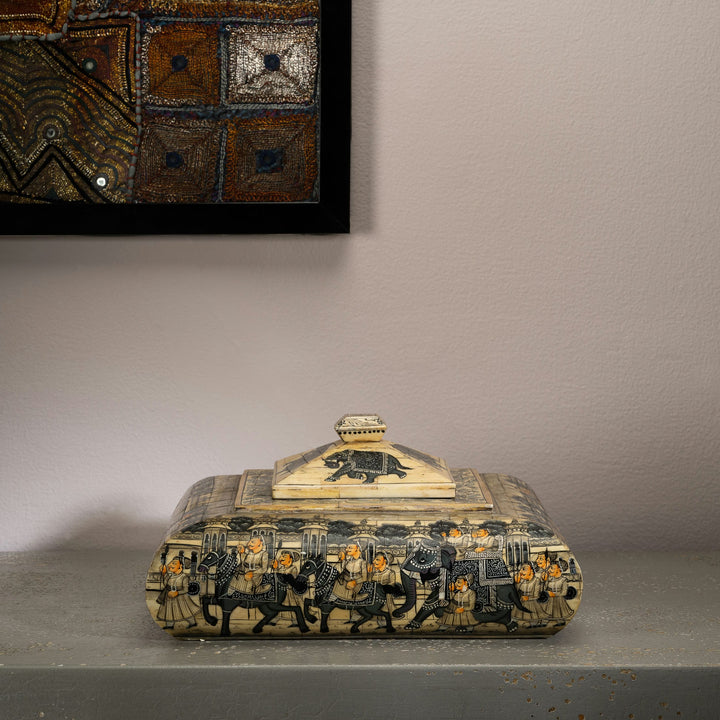 Square Painted Bone Procession Box: The Royal Procession