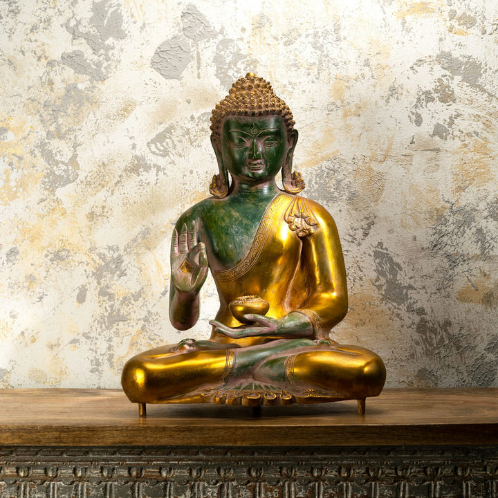 Green Dual-Tone Brass Buddha Statue: The Emerald Guardian