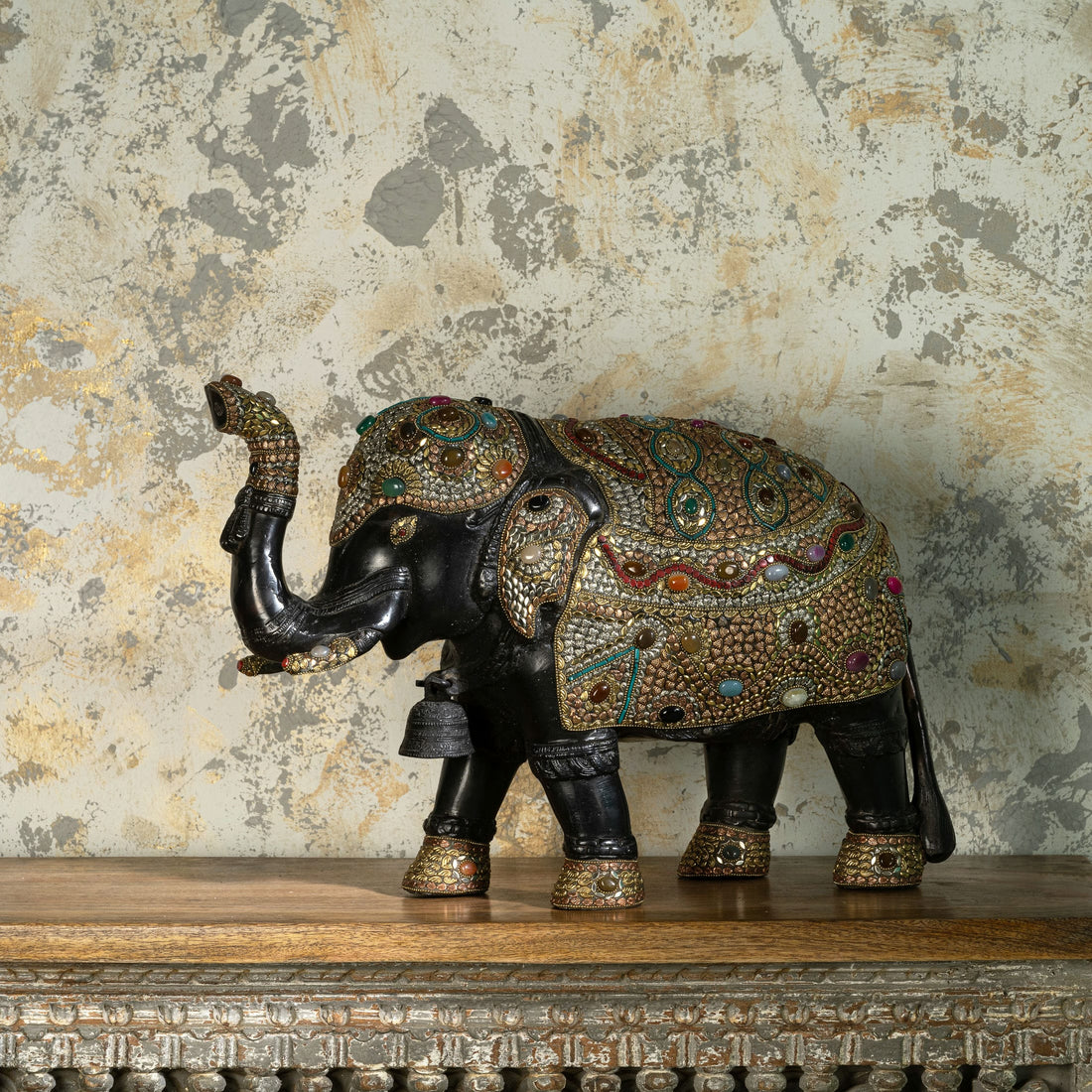 Stone Inlay Brass Elephant Sculpture: The Mosaic Monarch