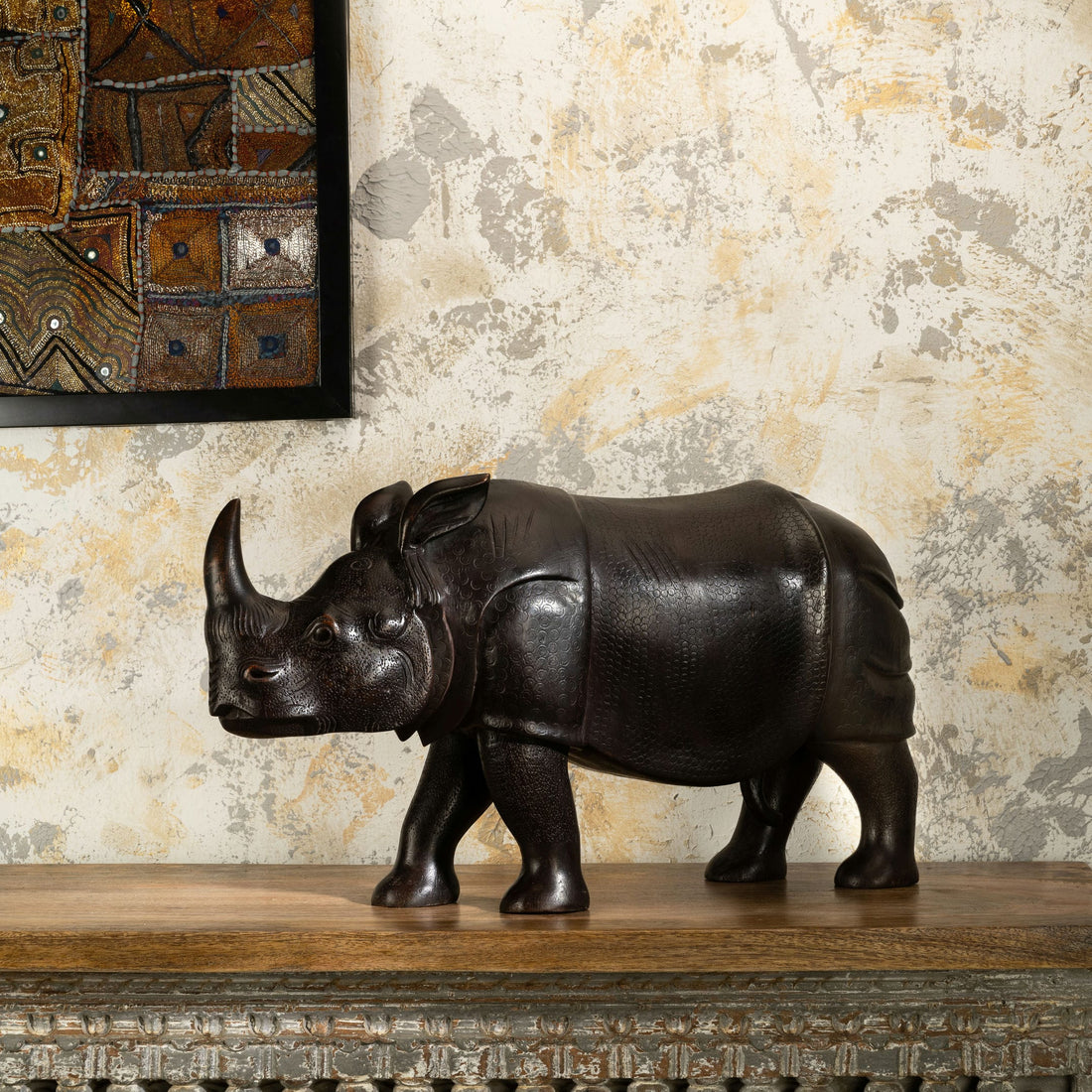 Carved Wooden Rhinoceros Sculpture: The Armored Sovereign