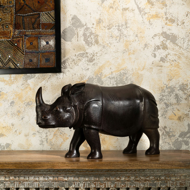 Carved Wooden Rhinoceros Sculpture: The Armored Sovereign