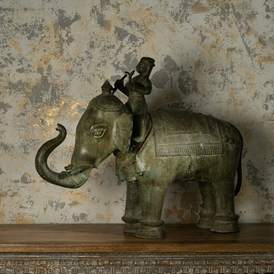 Antiqued Brass Elephant Rider Sculpture: The Emerald Mahout
