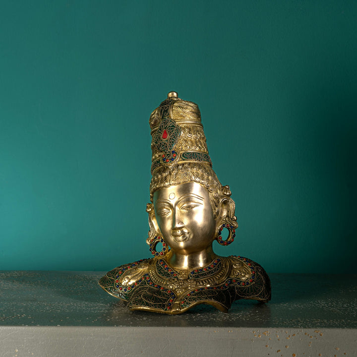Stone Inlay Brass Goddess Sculpture: The Jeweled Sovereign