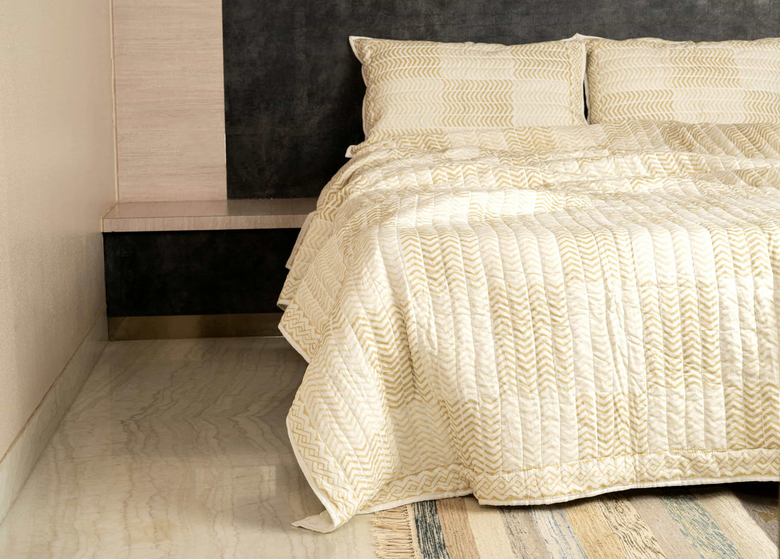Golden Herringbone Quilted Throw Hand-stitched