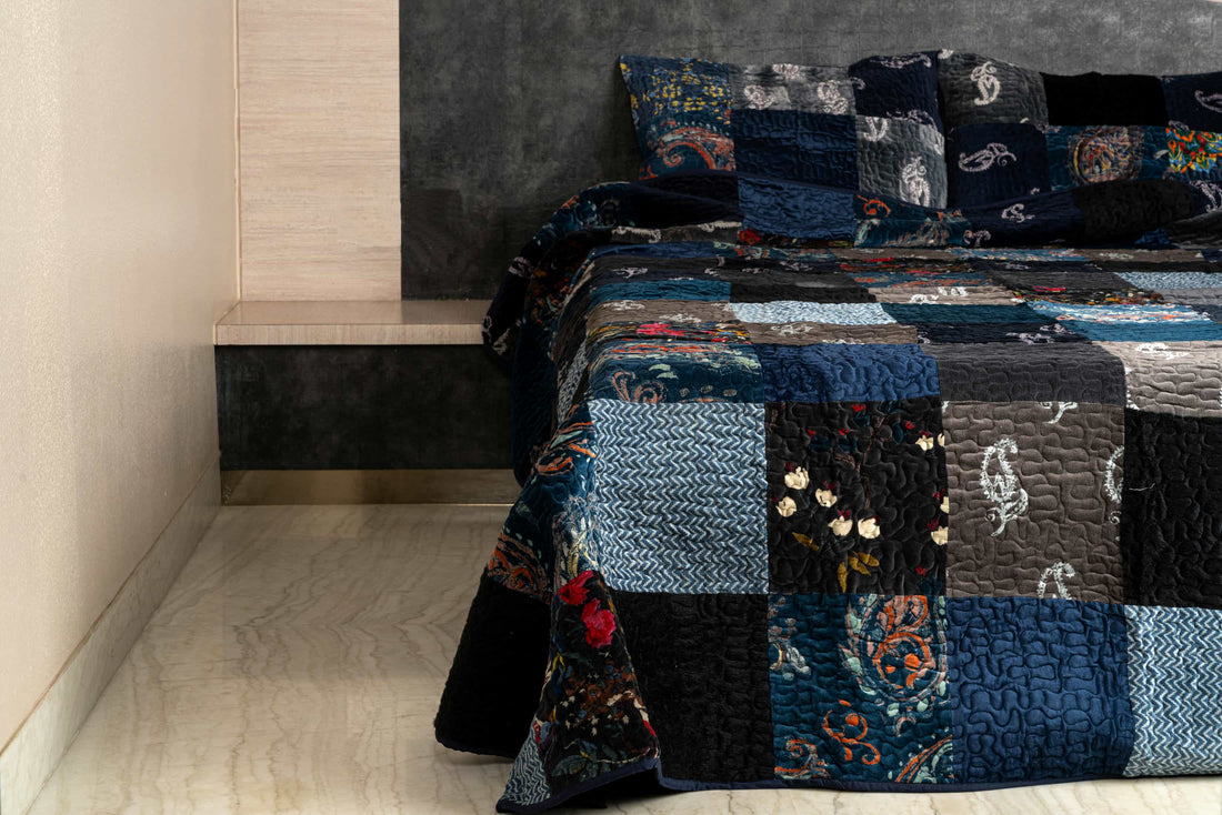 Luxurious Patchwork Quilted Velvet Bedcover Set with Pillow Covers