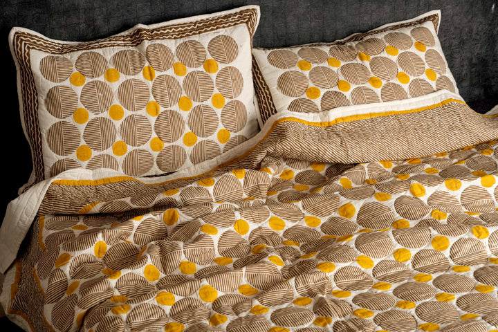 Mustard Block-Print Cotton Bedcover: The Golden Solstice Sphere