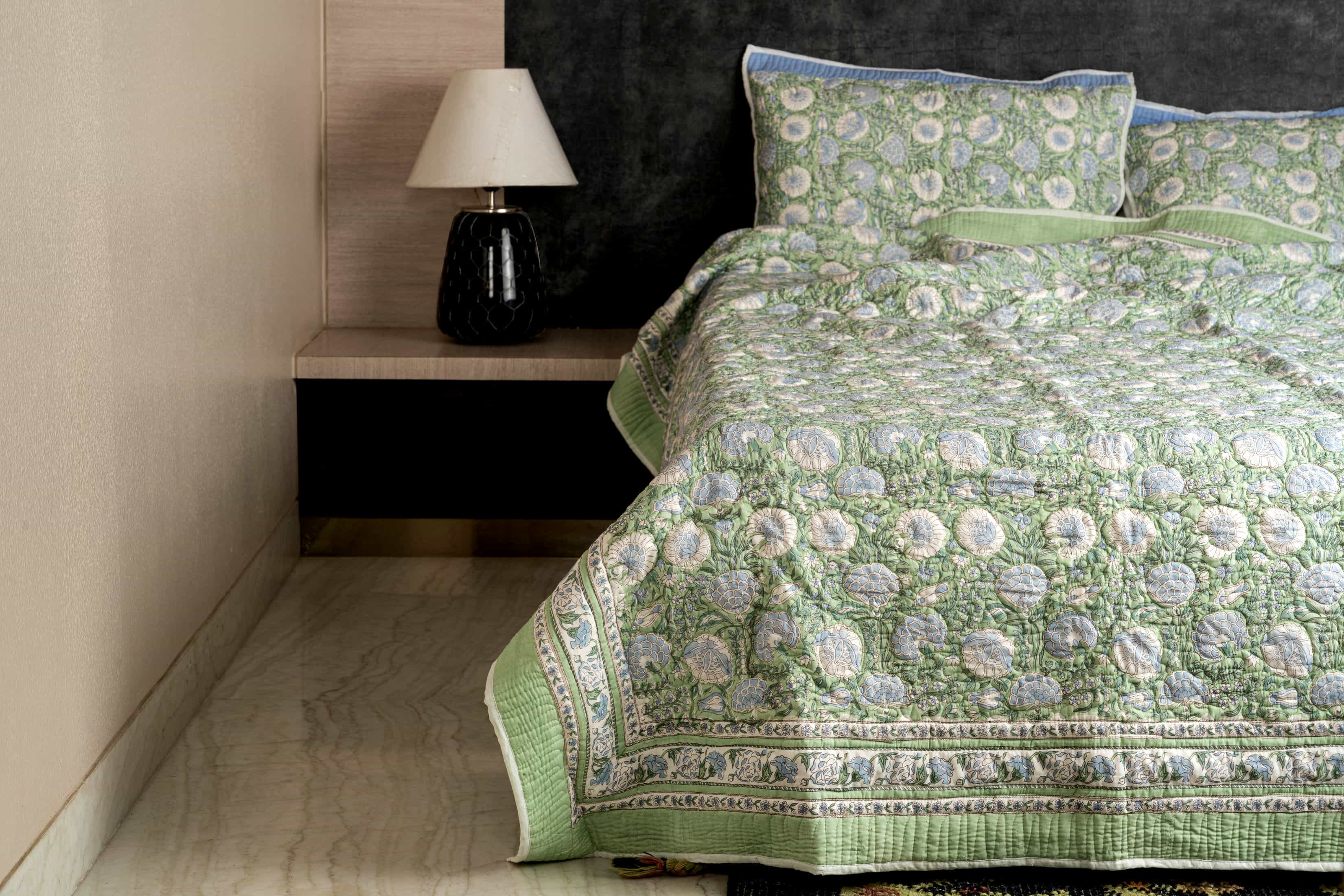 Hand Block Print Quilted Cotton Bedcover Set with Pillow Covers
