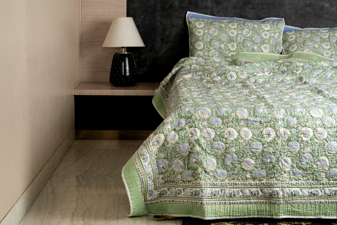 Hand Block Print Quilted Cotton Bedcover Set with Pillow Covers